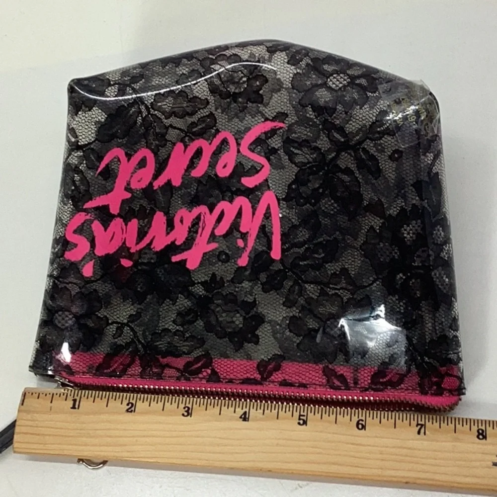 Victoria's Secret Black and Pink Cosmetic Bag with Lace Overlay